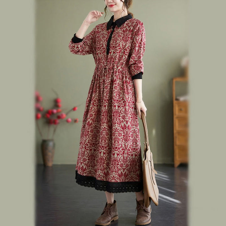 Abito midi in cotone con maniche lunghe, coulisse e tasche, con stampa etnica Buddha Stones - image 8