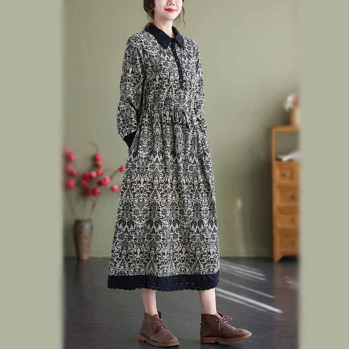 Abito midi in cotone con maniche lunghe, coulisse e tasche, con stampa etnica Buddha Stones - image 2