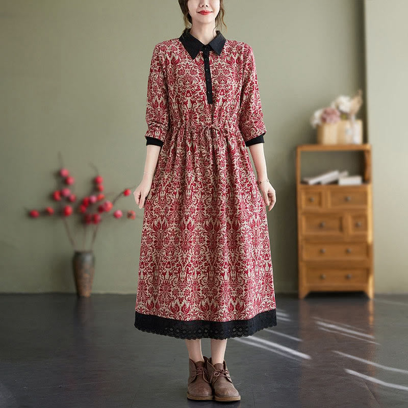 Abito midi in cotone con maniche lunghe, coulisse e tasche, con stampa etnica Buddha Stones - Cremisi - US8-10, UK/AU12-14, EU40-42 (2XL) - image 5