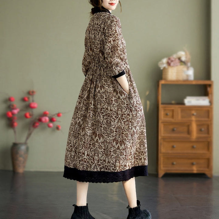 Abito midi in cotone con maniche lunghe, coulisse e tasche, con stampa etnica Buddha Stones - image 20