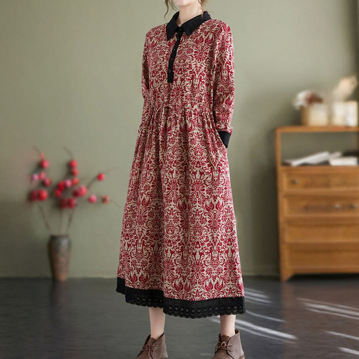 Abito midi in cotone con maniche lunghe, coulisse e tasche, con stampa etnica Buddha Stones - image 7