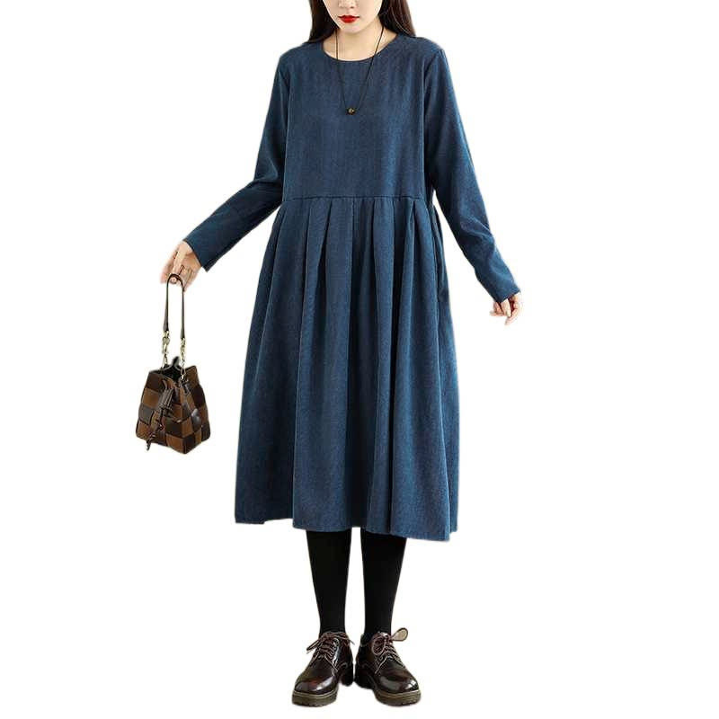 Abito midi in velluto a coste blu scuro con maniche lunghe e tasche Buddha Stones Fall Plain - image 16