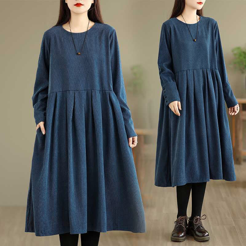 Abito midi in velluto a coste blu scuro con maniche lunghe e tasche Buddha Stones Fall Plain - Blu scuro - US8-10, UK/AU12-14, EU40-42 (XL) - image 0