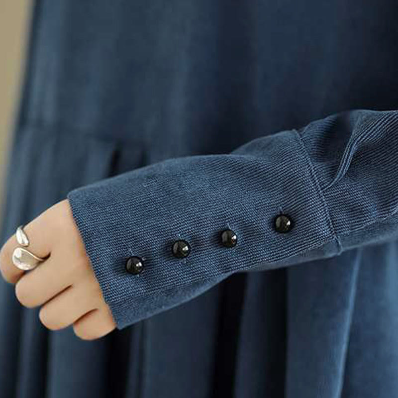 Abito midi in velluto a coste blu scuro con maniche lunghe e tasche Buddha Stones Fall Plain - image 10