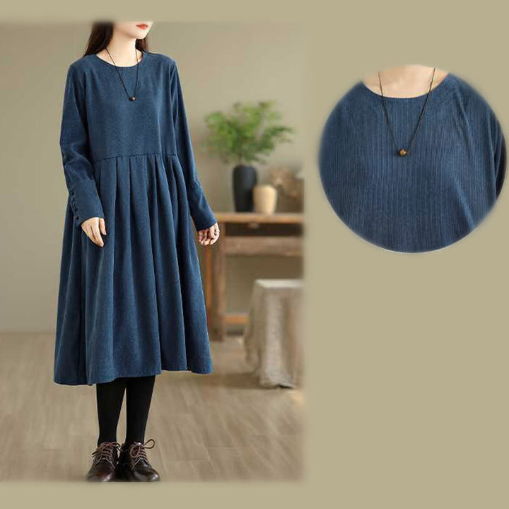 Abito midi in velluto a coste blu scuro con maniche lunghe e tasche Buddha Stones Fall Plain - image 15