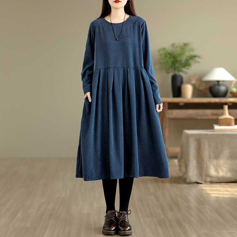 Abito midi in velluto a coste blu scuro con maniche lunghe e tasche Buddha Stones Fall Plain - image 1
