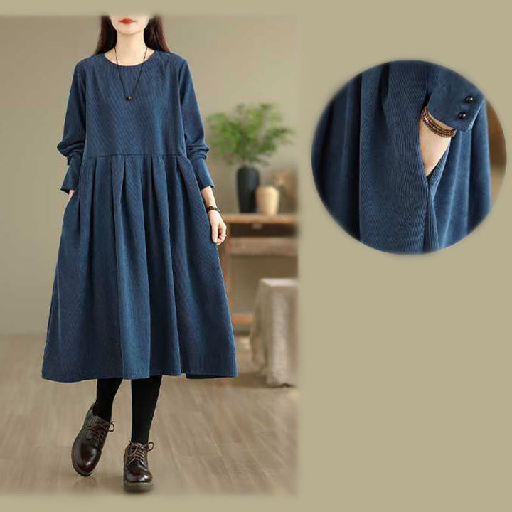 Abito midi in velluto a coste blu scuro con maniche lunghe e tasche Buddha Stones Fall Plain - image 14