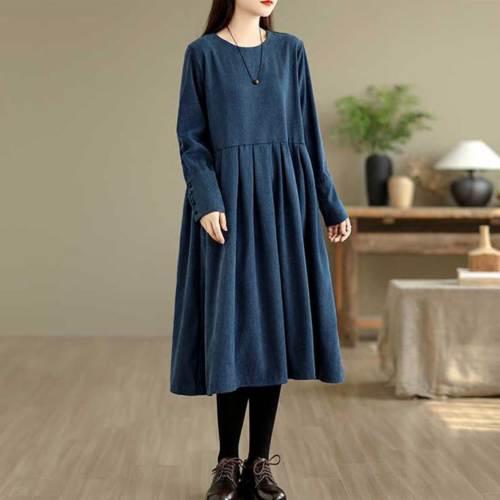 Abito midi in velluto a coste blu scuro con maniche lunghe e tasche Buddha Stones Fall Plain - image 2