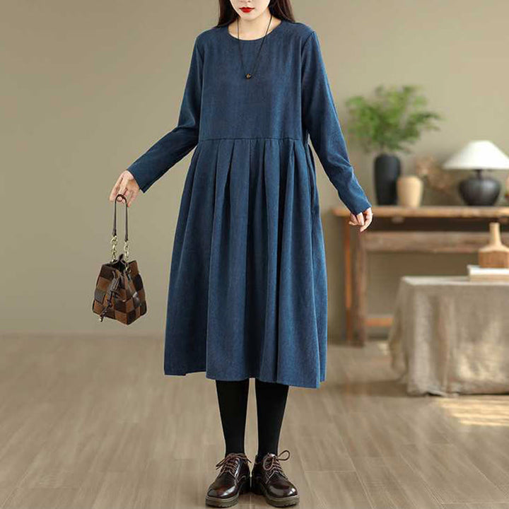 Abito midi in velluto a coste blu scuro con maniche lunghe e tasche Buddha Stones Fall Plain - image 4