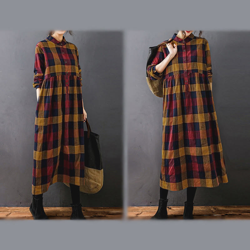 Abito midi a maniche lunghe con motivo a quadri e patchwork Buddha Stones Commute - image 19
