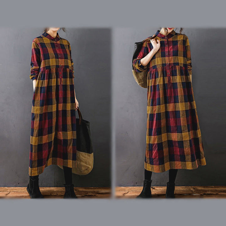 Abito midi a maniche lunghe con motivo a quadri e patchwork Buddha Stones Commute - image 19