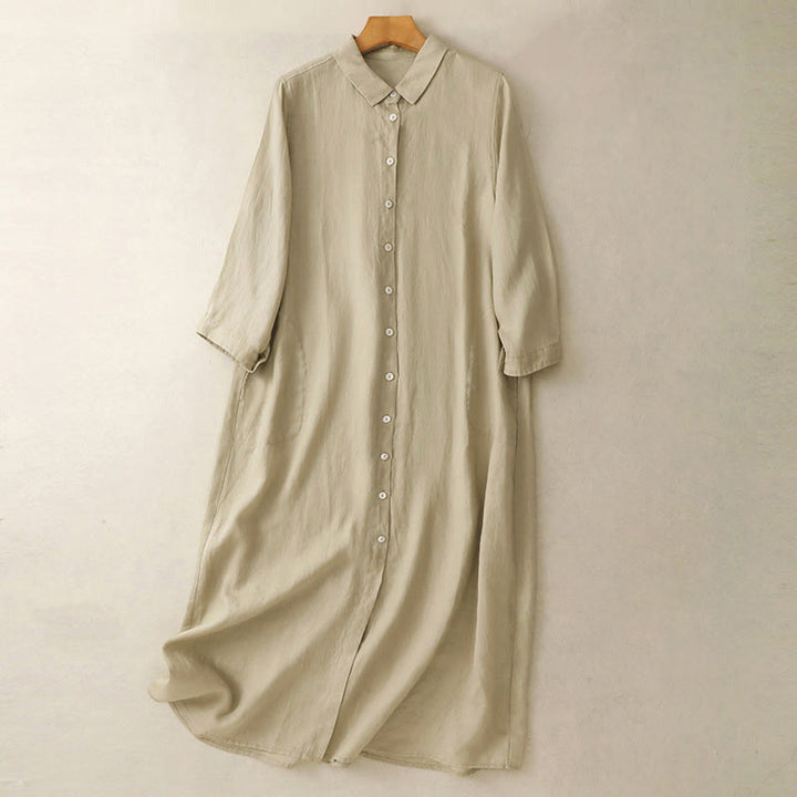 Abito midi in cotone a maniche lunghe con tasche e bottoni semplici Buddha Stones Fall Commute - PaleGoldenrod - US8-10, UK/AU12-14, EU40-42 (2XL) - image 9