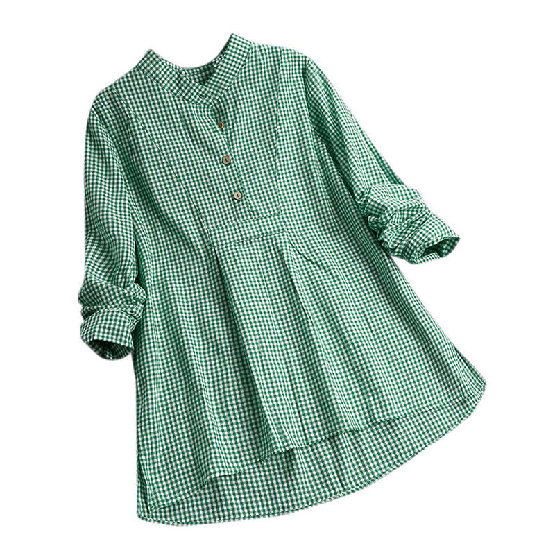 Camicia a quadri a maniche lunghe con bottoni da donna Buddha Stones - Primavera Verde - US16, UK/AU20, EU48 (5XL) - image 8