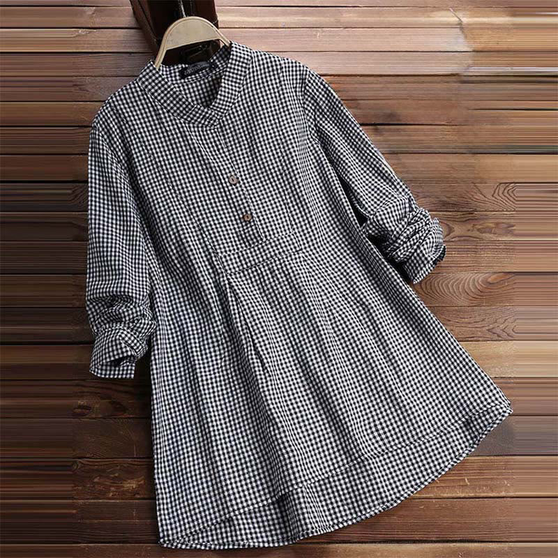 Camicia a quadri a maniche lunghe con bottoni da donna Buddha Stones - image 6