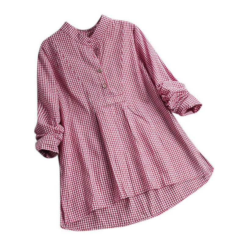 Camicia a quadri a maniche lunghe con bottoni da donna Buddha Stones - Cremisi - US16, UK/AU20, EU48 (5XL) - image 1