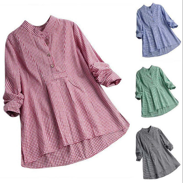 Camicia a quadri a maniche lunghe con bottoni da donna Buddha Stones - image 17