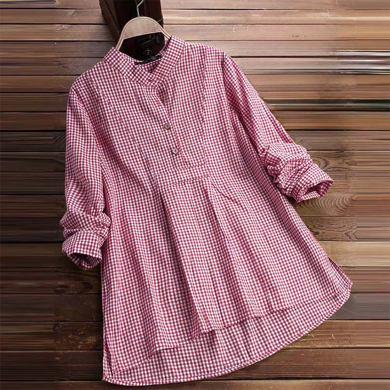 Camicia a quadri a maniche lunghe con bottoni da donna Buddha Stones - image 0