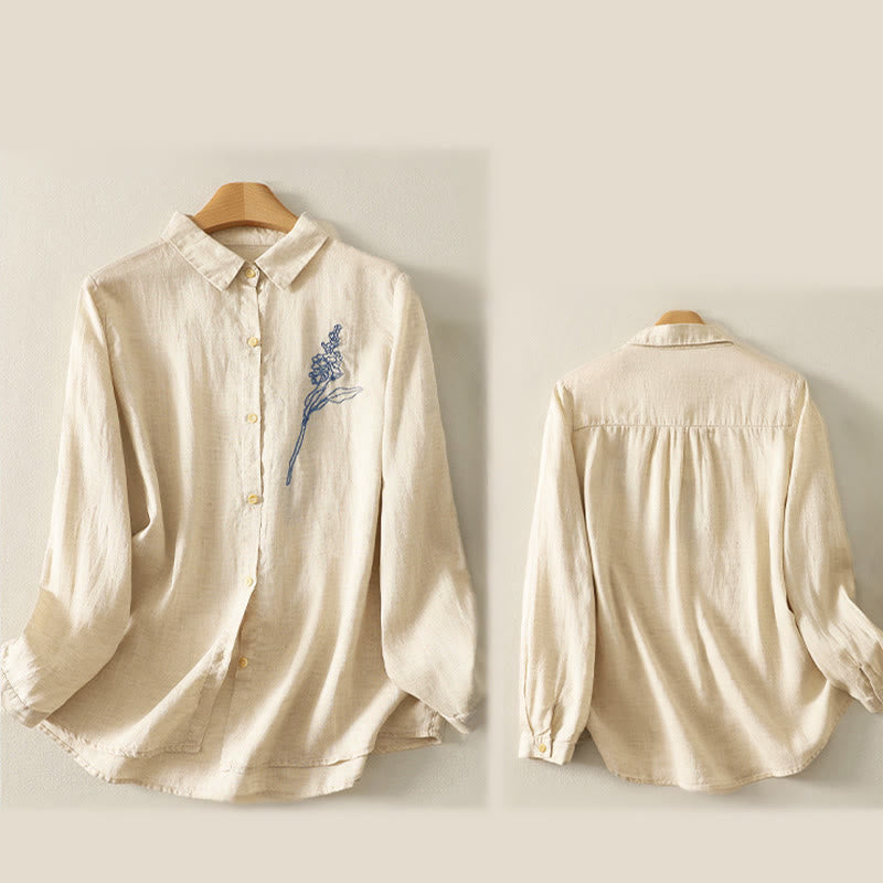 Camicia da donna a maniche lunghe con bottoni e fiori ricamati primaverili Buddha Stones - image 10