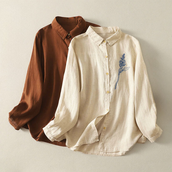 Camicia da donna a maniche lunghe con bottoni e fiori ricamati primaverili Buddha Stones - image 0