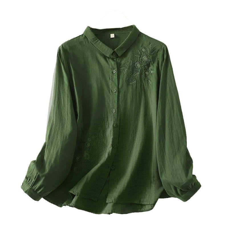 Camicia da donna a maniche lunghe con risvolto, motivo a tralci di fiori ricamati con Buddha Stones - image 6