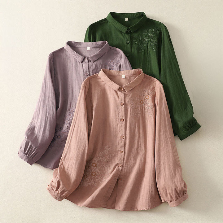 Camicia da donna a maniche lunghe con risvolto, motivo a tralci di fiori ricamati con Buddha Stones - image 0