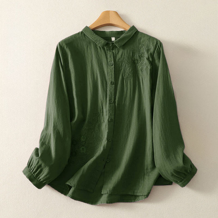 Camicia da donna a maniche lunghe con risvolto, motivo a tralci di fiori ricamati con Buddha Stones - Verde scuro - US8-10, UK/AU12-14, EU40-42 (2XL) - image 1