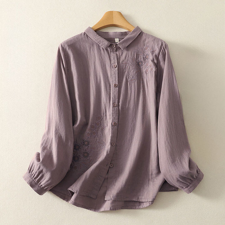 Camicia da donna a maniche lunghe con risvolto, motivo a tralci di fiori ricamati con Buddha Stones - RosyBrown - US8-10, UK/AU12-14, EU40-42 (2XL) - image 17