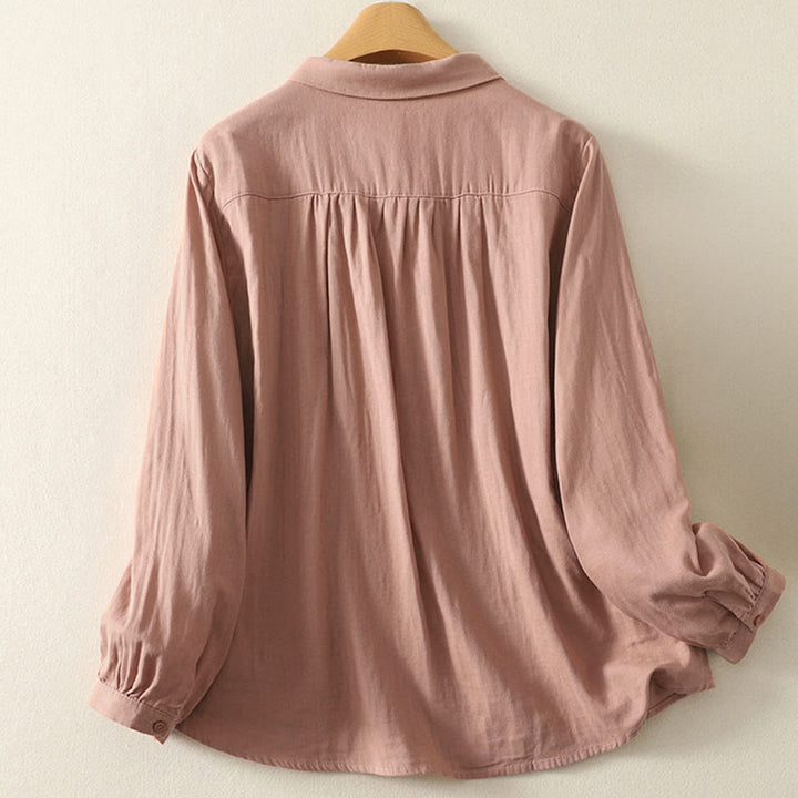 Camicia da donna a maniche lunghe con risvolto, motivo a tralci di fiori ricamati con Buddha Stones - image 8