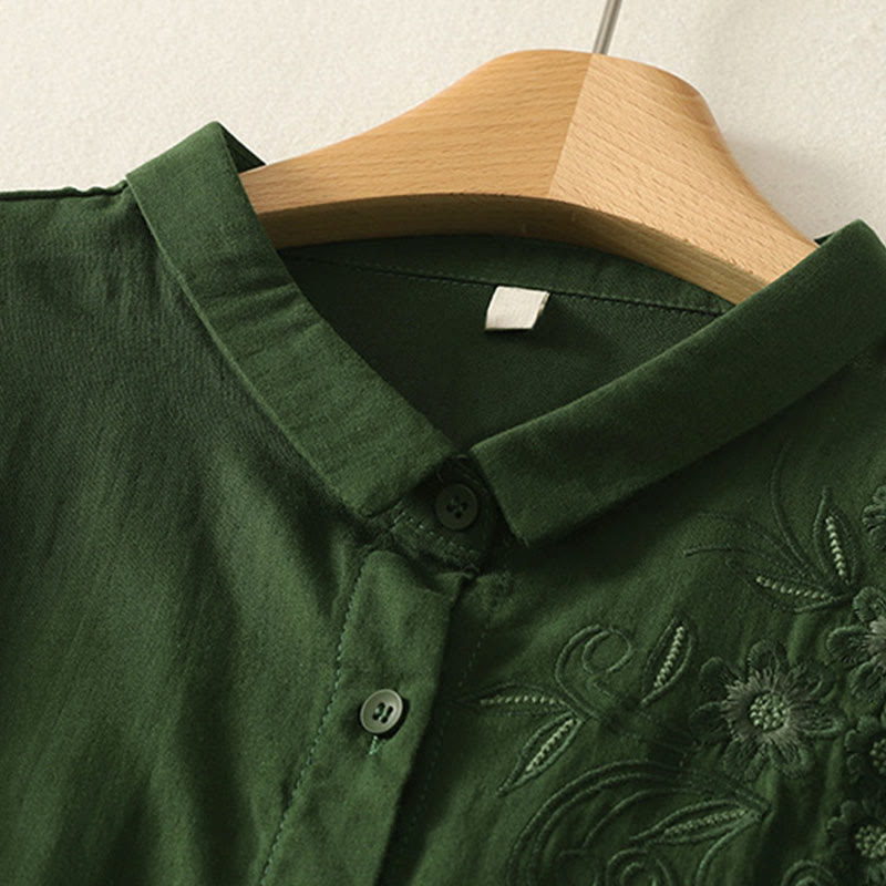 Camicia da donna a maniche lunghe con risvolto, motivo a tralci di fiori ricamati con Buddha Stones - image 2