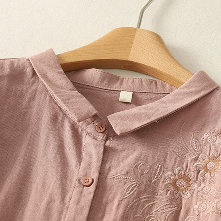 Camicia da donna a maniche lunghe con risvolto, motivo a tralci di fiori ricamati con Buddha Stones - image 9