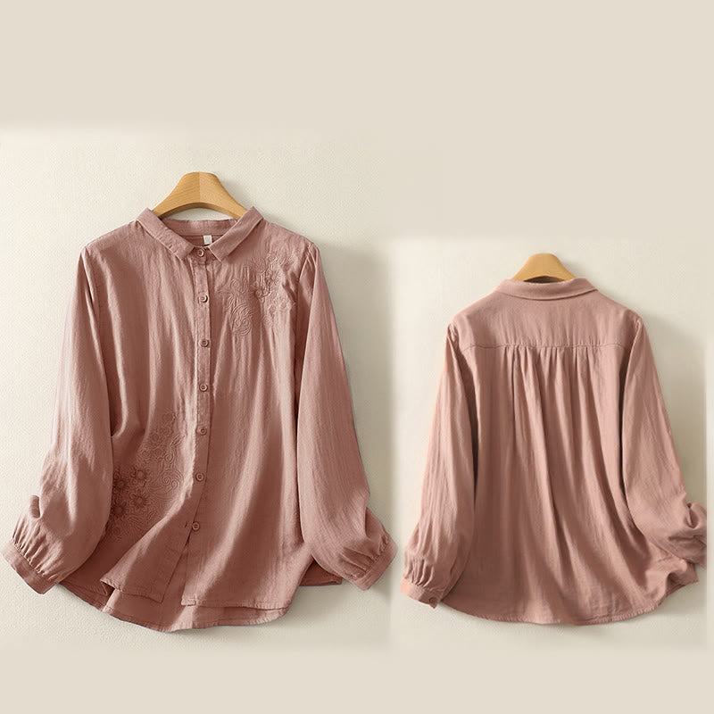 Camicia da donna a maniche lunghe con risvolto, motivo a tralci di fiori ricamati con Buddha Stones - image 16