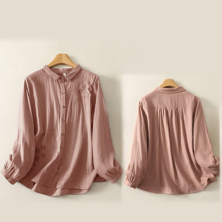 Camicia da donna a maniche lunghe con risvolto, motivo a tralci di fiori ricamati con Buddha Stones - image 16