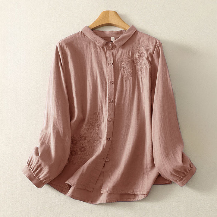 Camicia da donna a maniche lunghe con risvolto, motivo a tralci di fiori ricamati con Buddha Stones - Salmone Scuro - US8-10, UK/AU12-14, EU40-42 (2XL) - image 7