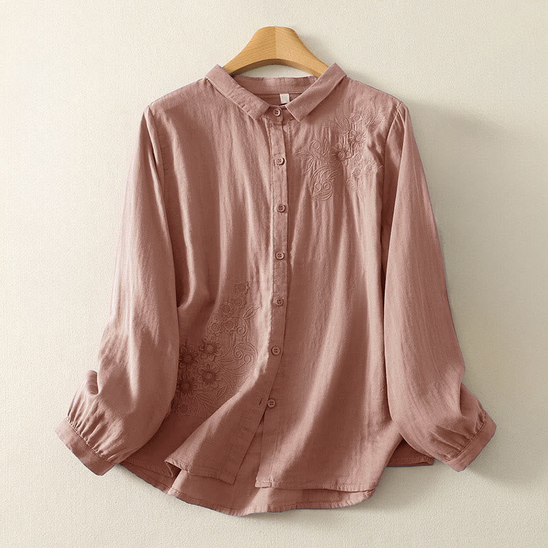 Camicia da donna a maniche lunghe con risvolto, motivo a tralci di fiori ricamati con Buddha Stones - Salmone scuro - US8-10, UK/AU12-14, EU40-42 (2XL) - image 7