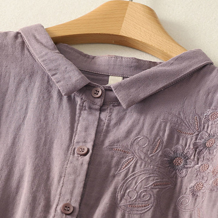 Camicia da donna a maniche lunghe con risvolto, motivo a tralci di fiori ricamati con Buddha Stones - image 18