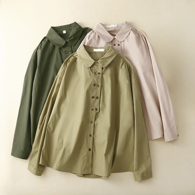 Camicia da donna in cotone con revers, a maniche lunghe e doppiopetto, tinta unita, Buddha Stones - image 0