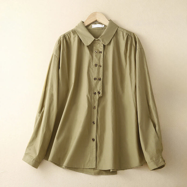 Camicia da donna in cotone con revers, a maniche lunghe e doppiopetto, tinta unita, Buddha Stones - Cachi scuro - US12, UK/AU16, EU44 (2XL) - image 13