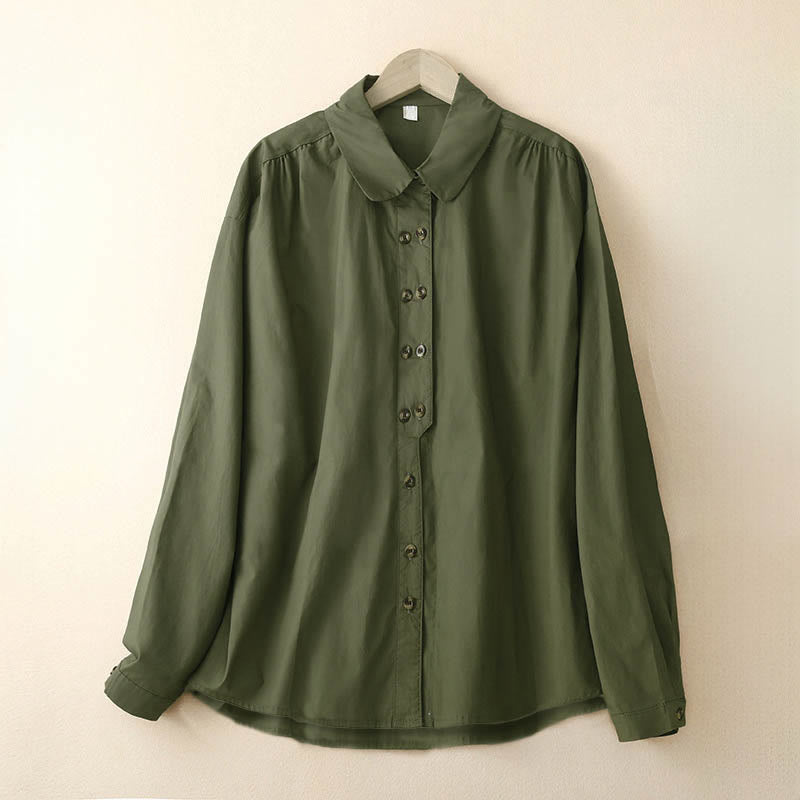 Camicia da donna in cotone con revers, a maniche lunghe e doppiopetto, tinta unita, Buddha Stones - Verde oliva scuro - US12, UK/AU16, EU44 (2XL) - image 1