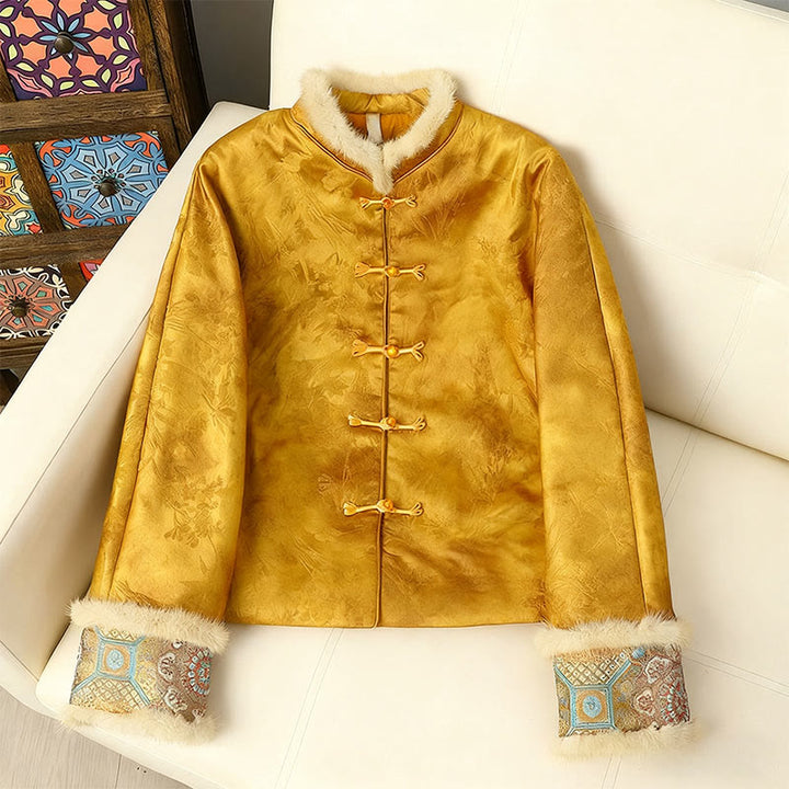 Giacca da donna a maniche lunghe con bottoni a forma di rana, motivo tradizionale cinese, motivo Buddha Stones  - Oro - US12, UK/AU16, EU44 (3XL) - image 0
