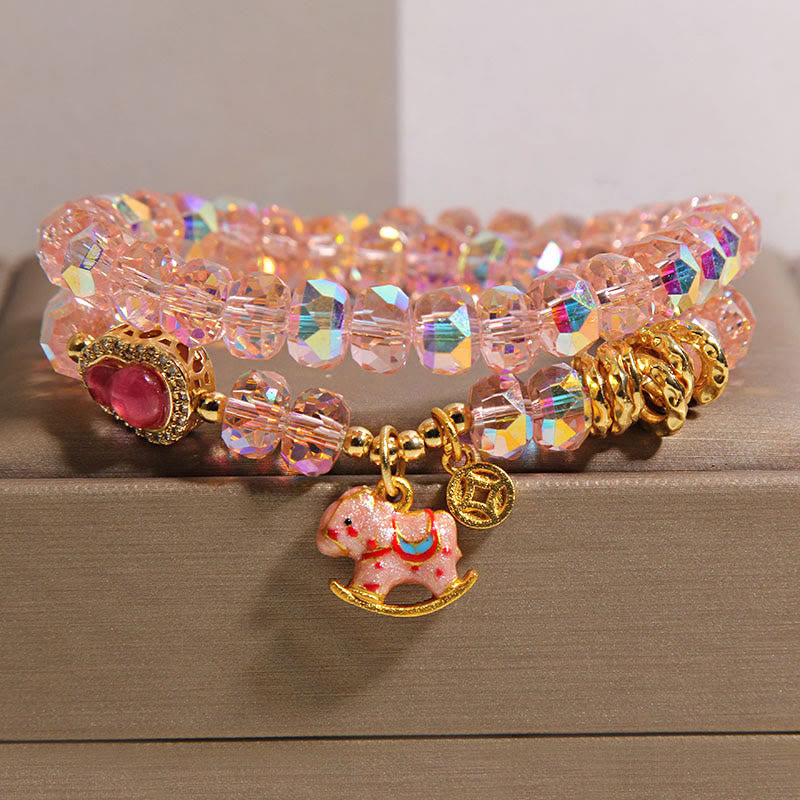 Bracciale a doppio giro con moneta di rame, zucca, cristallo, vetro Buddha Stones zodiaco cinese dell'anno del cavallo - Rosa (circonferenza del polso: 14-15 cm) - image 0