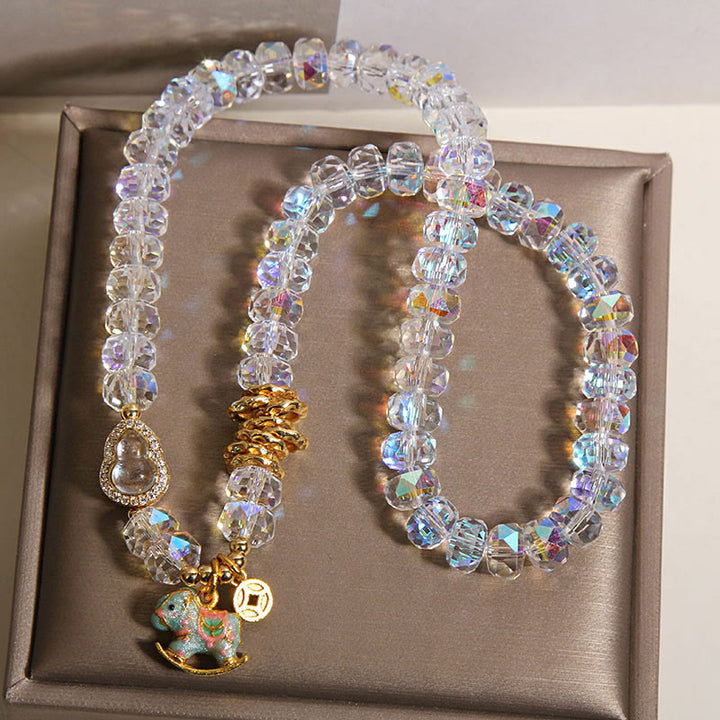 Bracciale a doppio giro con moneta di rame, zucca, cristallo, vetro Buddha Stones zodiaco cinese dell'anno del cavallo - image 11