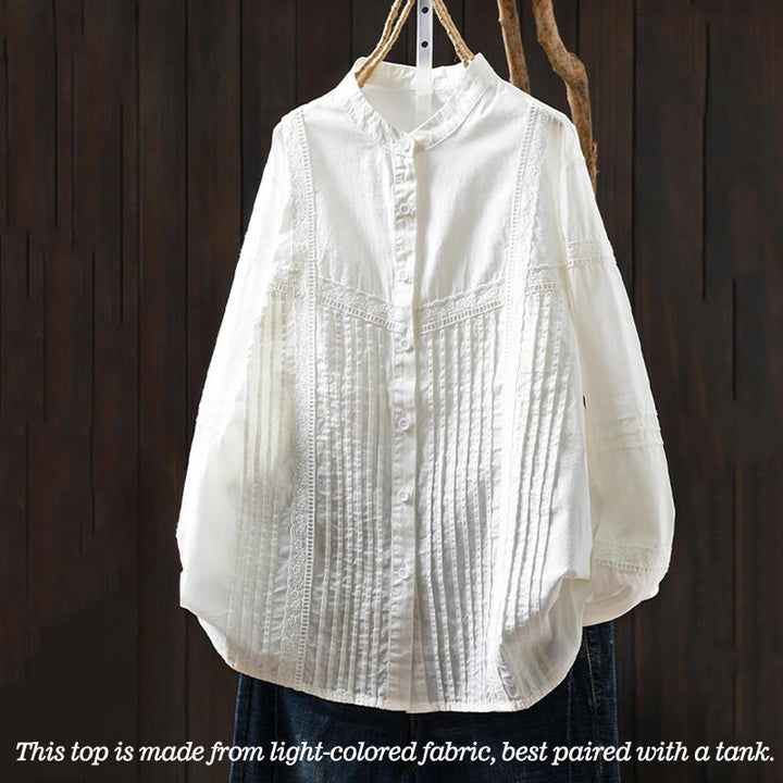 Camicia da donna in cotone a maniche lunghe con bottoni e motivo a pieghe a fisarmonica bianca Buddha Stones Fall - image 2