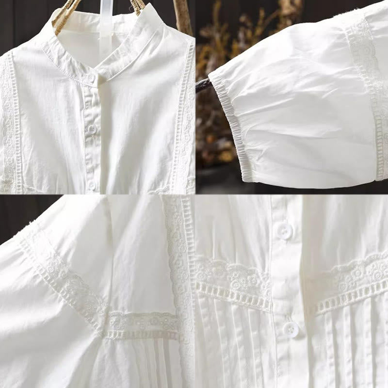 Camicia da donna in cotone a maniche lunghe con bottoni e motivo a pieghe a fisarmonica bianca Buddha Stones Fall - image 11