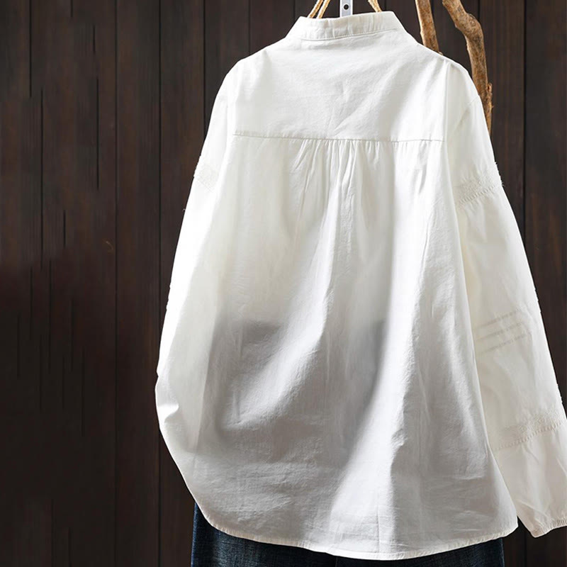 Camicia da donna in cotone a maniche lunghe con bottoni e motivo a pieghe a fisarmonica bianca Buddha Stones Fall - image 1