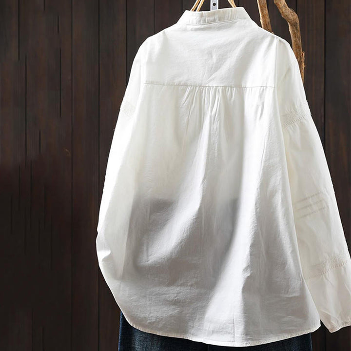 Camicia da donna in cotone a maniche lunghe con bottoni e motivo a pieghe a fisarmonica bianca Buddha Stones Fall - image 1