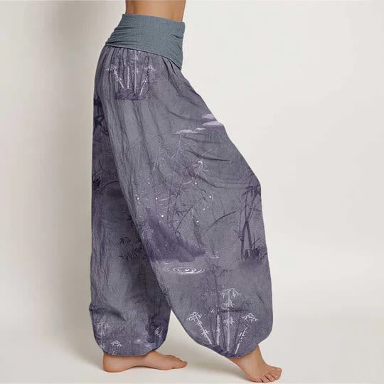 Pantaloni harem da donna con elastico in vita, in cotone, casual, in bambù, con pittura a inchiostro e pietre Buddha Stones - image 1