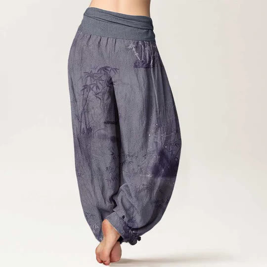 Pantaloni harem da donna con elastico in vita, in cotone, casual, in bambù, con pittura a inchiostro e pietre Buddha Stones - image 2