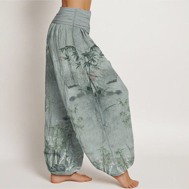 Pantaloni harem da donna con elastico in vita, in cotone, casual, in bambù, con pittura a inchiostro e pietre Buddha Stones - image 8