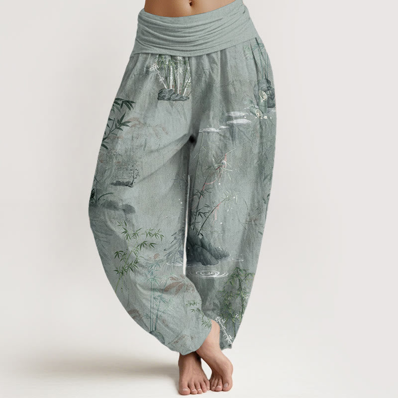 Pantaloni harem da donna con elastico in vita, in cotone, casual, in bambù, con pittura a inchiostro e pietre Buddha Stones - Verde Mare Scuro - US22, UK/AU26, EU54 (6XL) - image 7