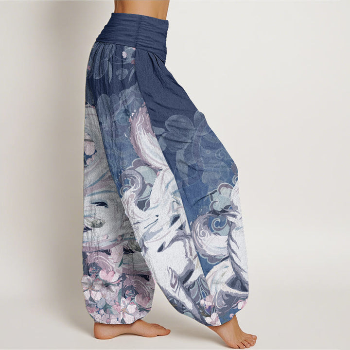 Pantaloni harem da donna con elastico in vita, in cotone e volpe, con fiori di ciliegio , Buddha Stones - image 9
